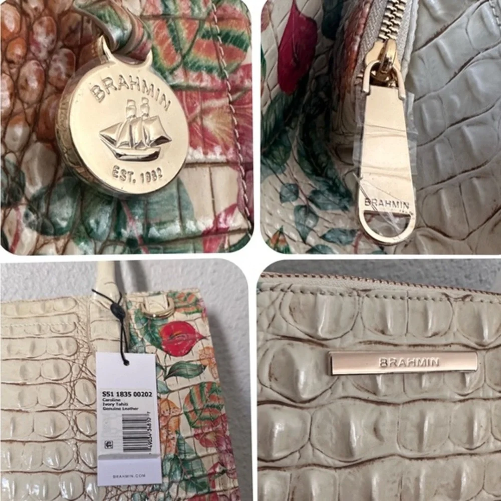 NWT BRAHMIN CAROLINE SATCHEL CROC-EMBOSSED LEATHER SHOULDER BAG FLORAL PRINT‎